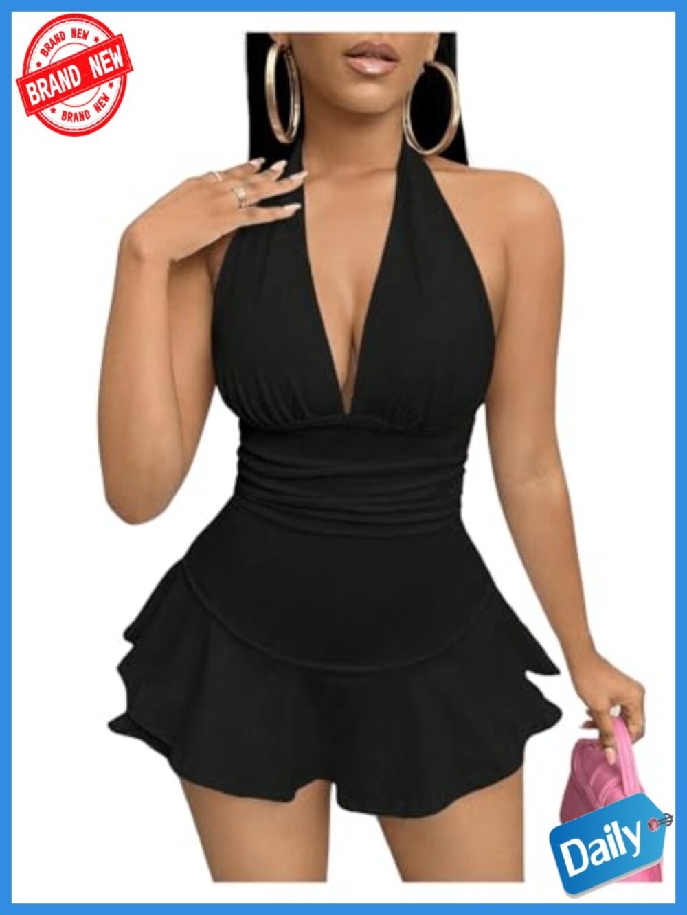 Deep V Neck Halter Romper Sleeveless Short Romper Backless Ruffle Sexy Clubwear